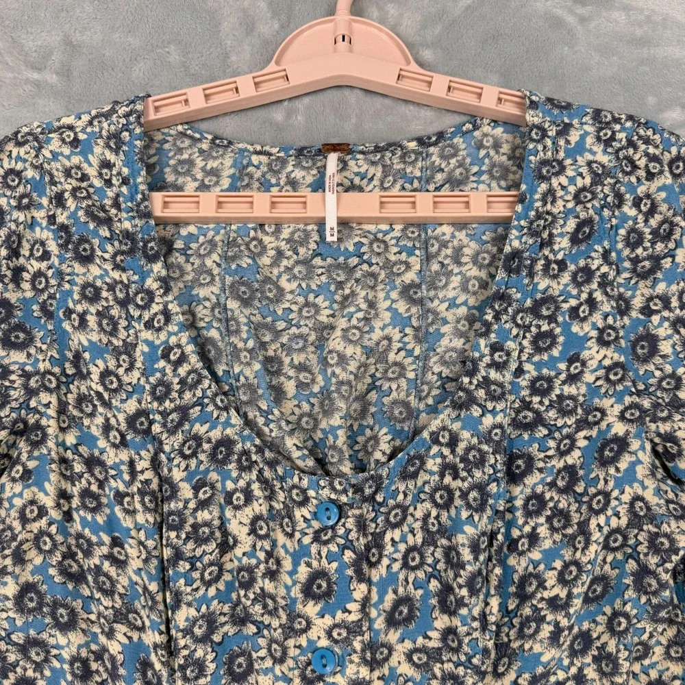 Free People Dress Women M Blue Floral Flower Power Mini Fit & Flare Boho Lace Up - Picture 5 of 11